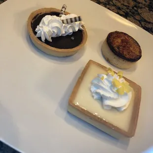 Chocolate tart, Lemon Tart, Gingerbread creme brûlée!