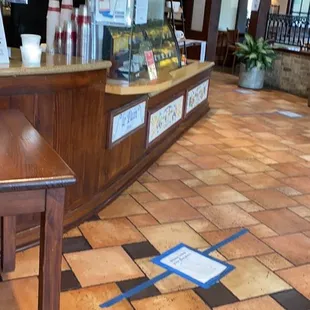a view of a restaurant counter