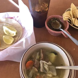 Caldo and iced tea with lunch specials.