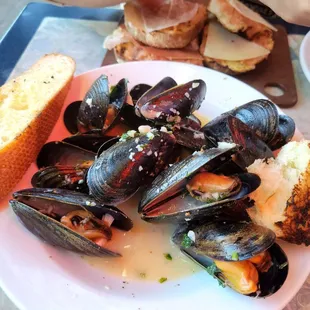 Mussels in white wine and garlic broth with toasted bread