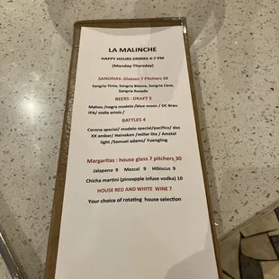 Happy Hour drinks menu