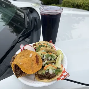 Birria Mulitas, asada, tripa and birria tacos Salsa verde and habanero was dank