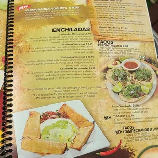 Taco Salad, Chimichanga, Enchiladas and Tacos Menu.