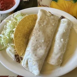 Beef taco, burrito and enchilada