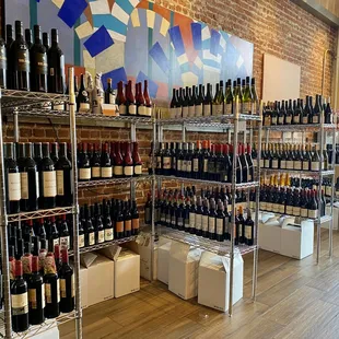 shelves full of wine bottles