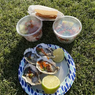 Oysters, fish and shrimp ceviches over the top flavors  Happy Day. Sunnyvale and Mtn. View Farmer's Market