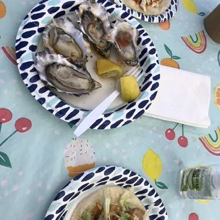 Shrimp taco, oysters, fish taco
