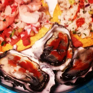 Oysters, shrimp and fish ceviche, breakfast of champs.