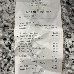 a receipt for a restaurant