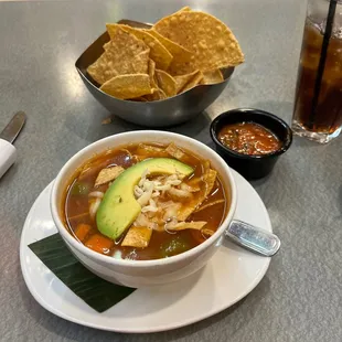 Yummy soup, complimentary chips and salsa. Salsa was warm and chips fresh!