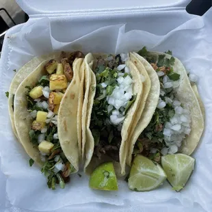 3 tacos. 1 Pastor, 1 Asada, 1 Tinga de Pollo... all delicious