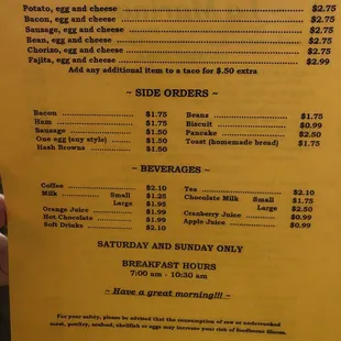 Saturday/Sunday Breakfast Menu