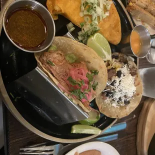 Taco plate! Carnitas, cheese and birria.