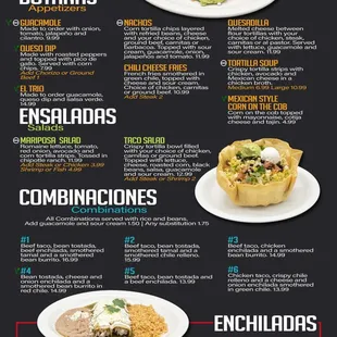 Appetizers, Salads, Combinations, Enchiladas