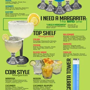 House Margarita, Coin Margarita, Beer Tower, Mimosa Tower, Margarita Tower