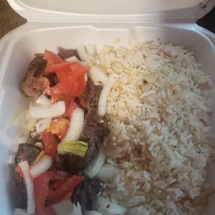 Lamb Kabob, covered in raw onion and tomato, tiny weird piece of lettuce $25