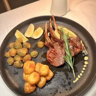 Grass Fed Lamb with fried olives and sweet egg cremini