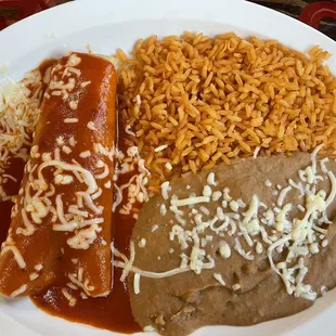 Beef enchilada, rice, &amp; beans