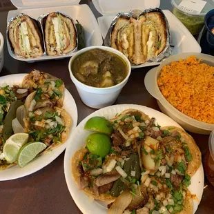 Tortas, tacos, rice, and beans