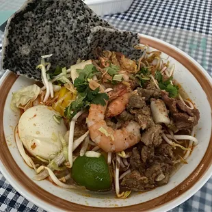 Mi Quang take out, great dried shrimp flavor and a note of spice.