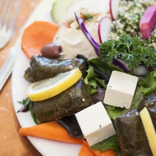 Appetizer of Hummos, Baba Ghanoush, Tabuleh, and Dolma