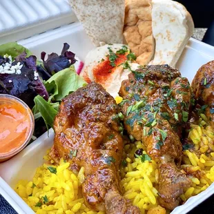 TAKEOUT: Chicken Pomegranate (Fesenjān) w/ rice pilaf, salad, hummus, pita | Lunch-$13.95