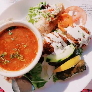 Lunch Mediterranean plate - falafel, dolmas, spinach-feta fillo, lentil soup