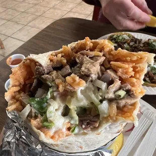 My super burrito with beef tongue and carne asada