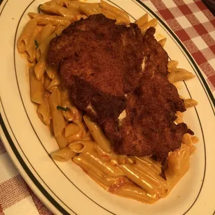 Vodka pasta with chicken Milanesa