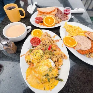 Top: USDA Choice All Natural Steak and Eggs Special Left: Lobster Benedict Breakfast Right: Country Fried Steak Breakfast