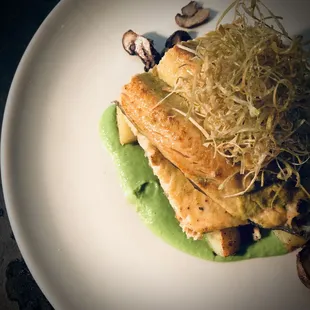 Weekly Special - Pan-Seared Steelhead Trout with truffled pea sauce and crispy fried leeks