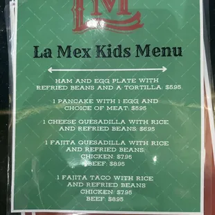 Kids menu