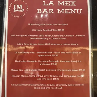 Bar menu