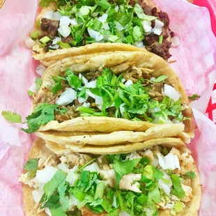 (From top down) Carne Asada (steak), Carnitas (pork), Pollo (chicken)