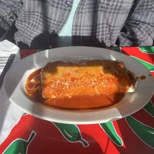 Breakfast burrito smothered in red