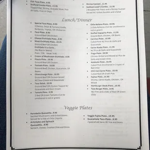 a menu for a meal