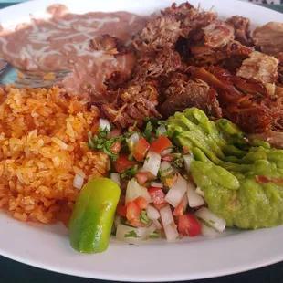 Carnita plate with rice, beans pico de gallo and guacamole.