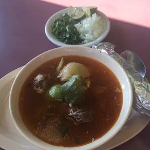 Mexican Stew. Delicious broth with a variety of meat and veggies. With 4 fresh soft corn tortillas.
