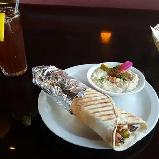 Chicken shawarma with babaganouj and lebanese tea