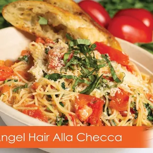 Capellini Checca capellini pasta cooked al dente in a flavorful sauce made with fresh tomatoes, garlic, basil and olive oil.