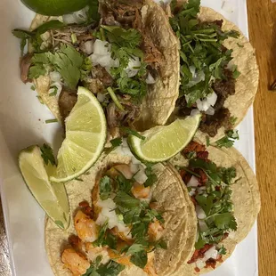 Tacos - carnitas, al pastor, carnita, and shrimp