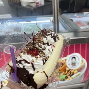 Banana Split - your pick of three different ice cream flavors. 1 scoop is huge! So yummy.