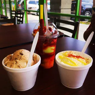 Ferraro Rocher ice cream atop tequila ice cream, a medium mangonada with pepino, sandia, and mango sherbet, and elote in a cup.