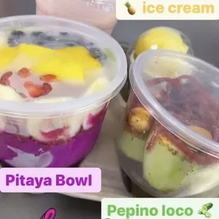 Pitaya Bowl pepino loco strawberry banana smoothie and pineapple ice cream