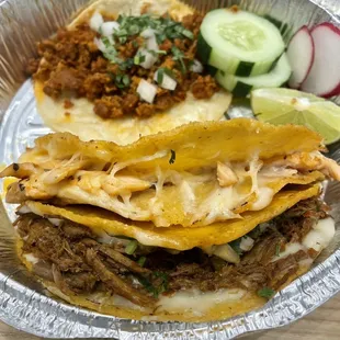 Salmon &amp; Beef Quesabirria. Chorizo Taco.