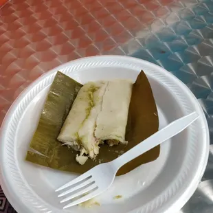 chciken tamale and green salsa