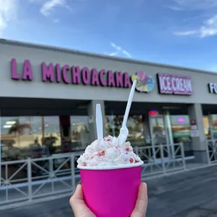Double scoop strawberry and cream and queso ice cream