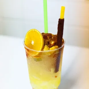 "La Russa" is made with fresh pineapple, oranges, limes and grapefruit soda over shaved ice.