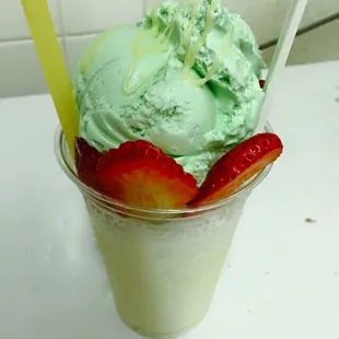 Specialty shaved iced covered in a variety of homemade cream and fresh fruit!