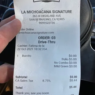 Receipt I forgot to take a pic of the burrito.